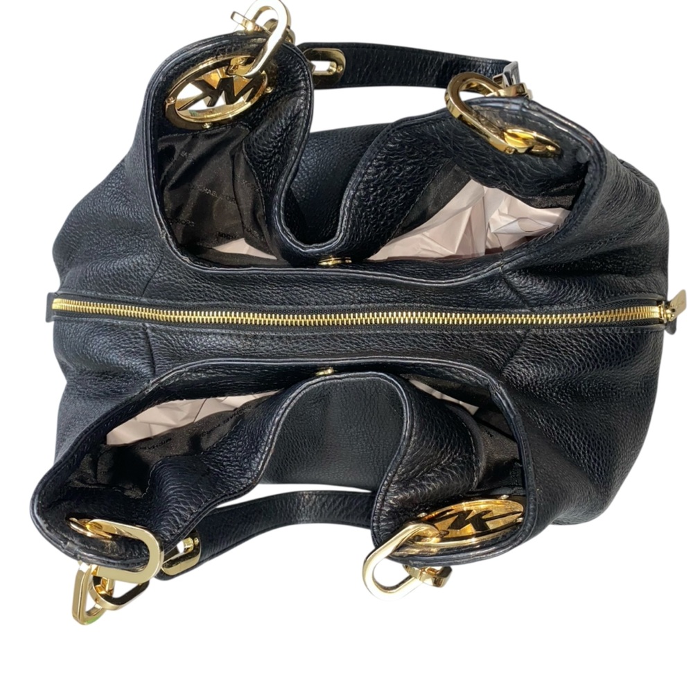 Michael Kors Fulton Shoulder Bag Black Pebble Leather Gold Tone Chain and Logo - Picture 5 of 16